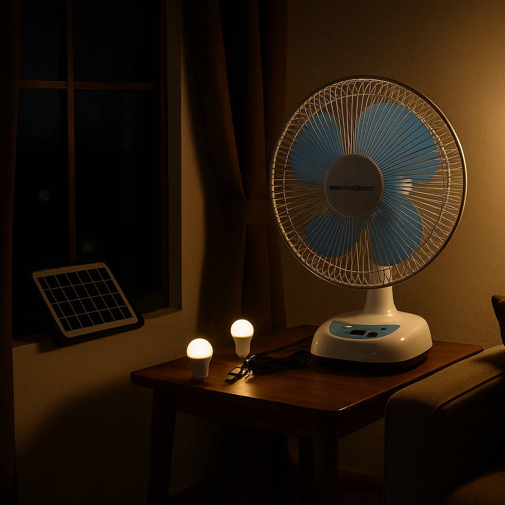 Ventilador Recargable 12″ Mastersonic en un cuarto oscuro